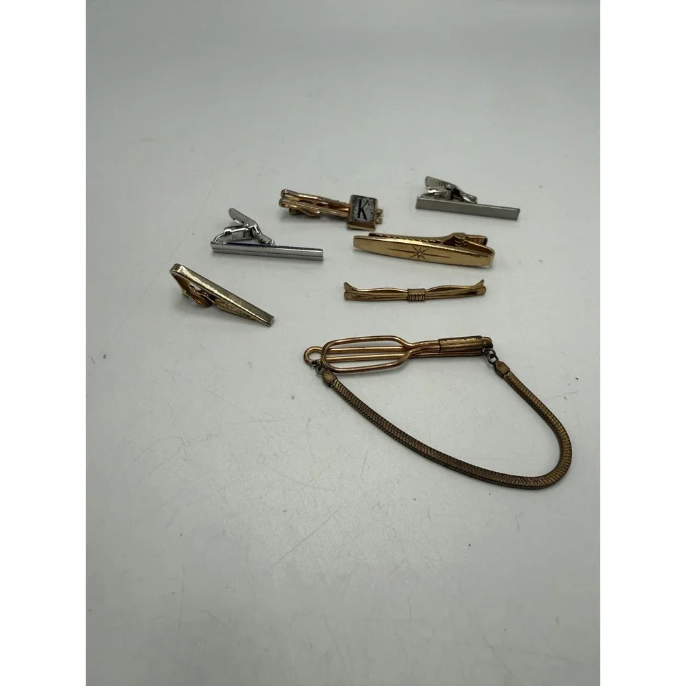 Vintage Mens Tie Clip Bar Chain Lot Swank Anson Shields Gold Silver Tone 7pc